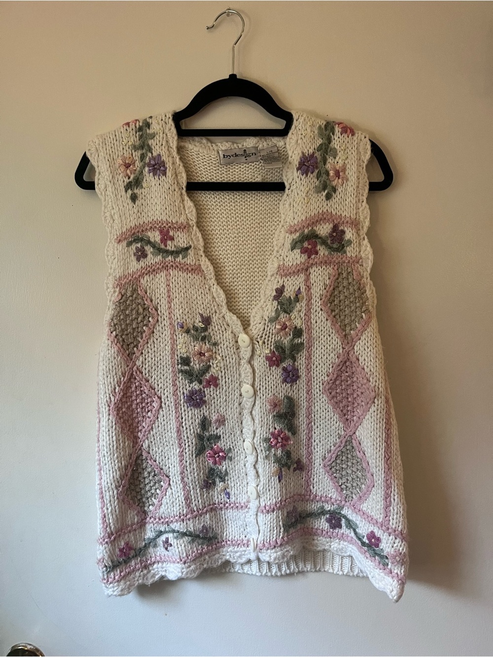 Bydesign Women's Vintage Cream Floral Embroidered Knit Buttoned Vest Size Large